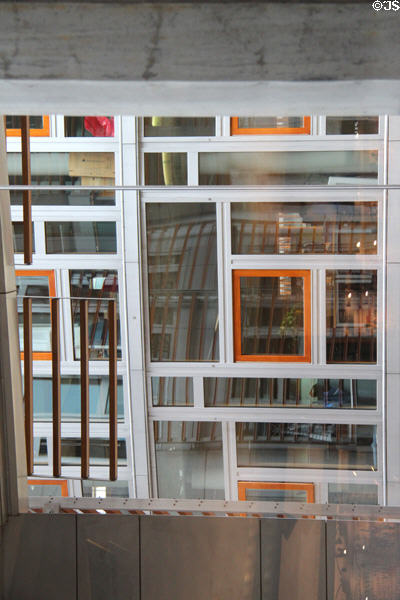 Postmodern wall of windows inside Scottish Parliament. Edinburgh, Scotland.