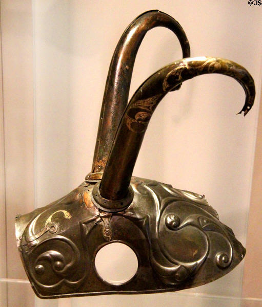 Bronze pony cap (300-100 BCE) found in bog near Torrs at National Museum of Scotland. Edinburgh, Scotland.