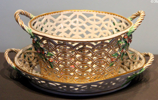 Porcelain basket & stand (c1775) from Bristol, England at National Museum of Scotland. Edinburgh, Scotland.
