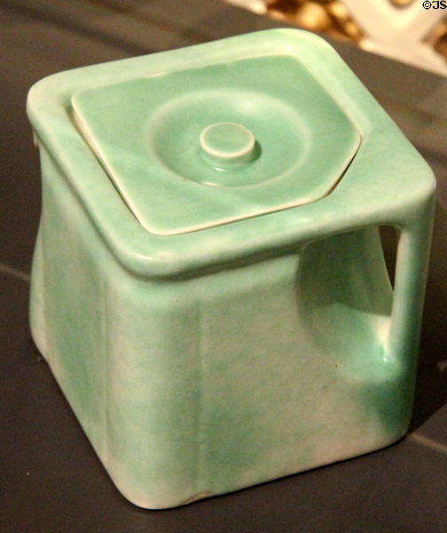 Earthenware cube teapot made to stack on ocean liners (c1925-35) by George Clews & Co. of Tunstall, England at National Museum of Scotland. Edinburgh, Scotland.