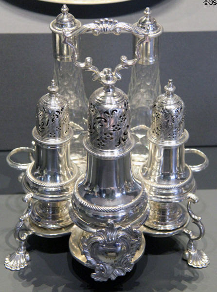 Silver cruet frame (1755-7) by Samuel Wood of London at National Museum of Scotland. Edinburgh, Scotland.