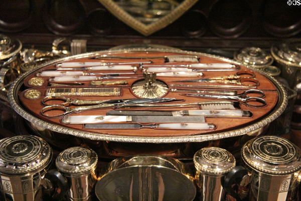 Details of travelling service which belonged to Pauline Borghese, sister of Emperor Napoleon with more than 100 silver gilt item (c1803) by Martin-Guillaume Biennais of Paris at National Museum of Scotland. Edinburgh, Scotland.
