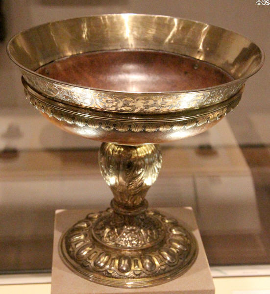 Silver gilt mazer with maplewood bowl (1569) by James Gray of Canongate, Edinburgh at National Museum of Scotland. Edinburgh, Scotland.