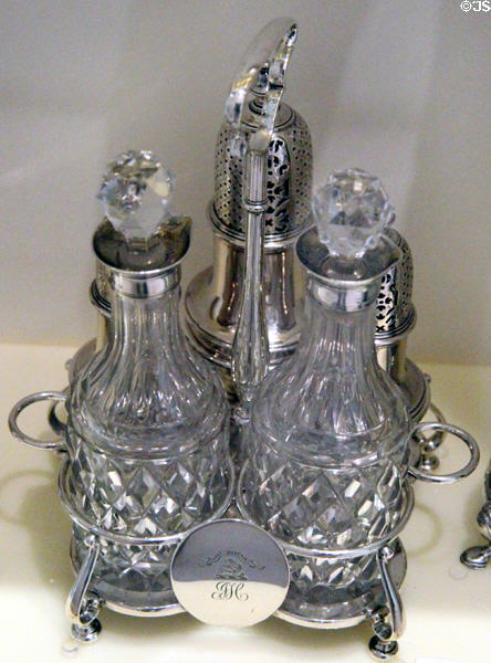 Warwick cruet stand with castors & glass bottles (1737-8) by William Marshall of Edinburgh at National Museum of Scotland. Edinburgh, Scotland.