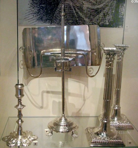 Silver candlesticks (1757-64) by William Dempster & library candleholder (1739) by William Aytoun both of Edinburgh at National Museum of Scotland. Edinburgh, Scotland.