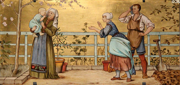 Infancy tile from Seven Ages of Man (1874) by Henry Stacy Marks made by Minton's Art Studio Pottery of London at National Museum of Scotland. Edinburgh, Scotland.
