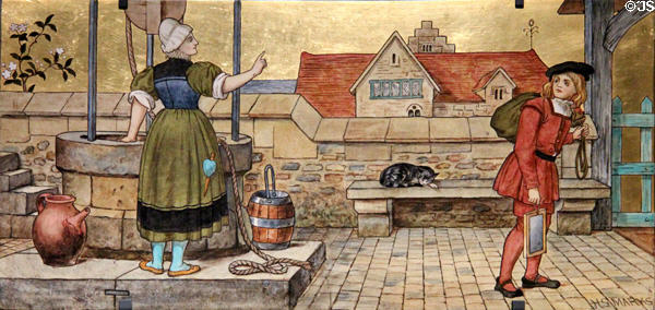 Schoolboy tile from Seven Ages of Man (1874) by Henry Stacy Marks made by Minton's Art Studio Pottery of London at National Museum of Scotland. Edinburgh, Scotland.