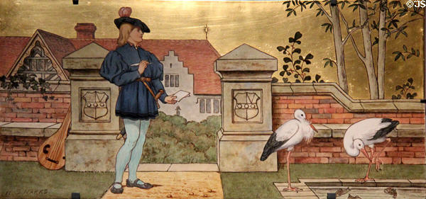 Lover tile from Seven Ages of Man (1874) by Henry Stacy Marks made by Minton's Art Studio Pottery of London at National Museum of Scotland. Edinburgh, Scotland.