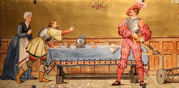 Soldier tile from Seven Ages of Man (1874) by Henry Stacy Marks made by Minton's Art Studio Pottery of London at National Museum of Scotland. Edinburgh, Scotland.