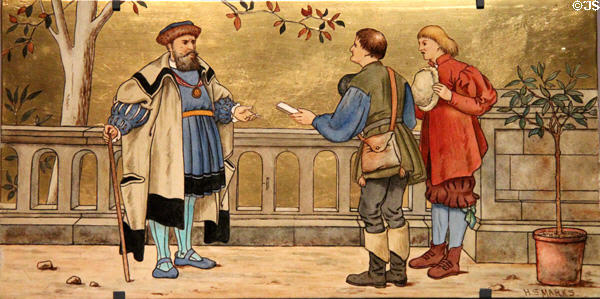The Justice tile from Seven Ages of Man (1874) by Henry Stacy Marks made by Minton's Art Studio Pottery of London at National Museum of Scotland. Edinburgh, Scotland.