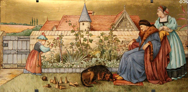 Sans Everything tile from Seven Ages of Man (1874) by Henry Stacy Marks made by Minton's Art Studio Pottery of London at National Museum of Scotland. Edinburgh, Scotland.