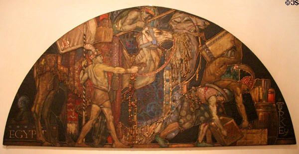 Egypt gesso lunette (1910) by Alf Webster for Byzantine Smoke Room in Anderson's Royal Polytechnic Warehouse, Argyle Street, Glasgow as a masculine counterpart to tearooms at National Museum of Scotland. Edinburgh, Scotland.