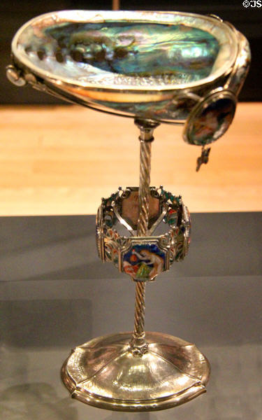 Psyche Chalice of abalone shell (1905-6) by Phoebe Anna Traquair & Ramsay Traquair & made by JM Talbot of Edinburgh at National Museum of Scotland. Edinburgh, Scotland.
