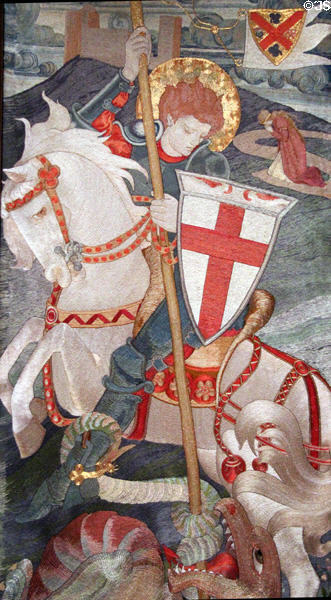 Central panel detail of Red Crosse Knight embroidered panels (early 20thC) by Phoebe Anna Traquair at National Museum of Scotland. Edinburgh, Scotland.