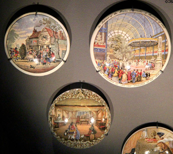 Ceramic jar lids including on showing interior of Crystal Palace (1851) at National Museum of Scotland. Edinburgh, Scotland.