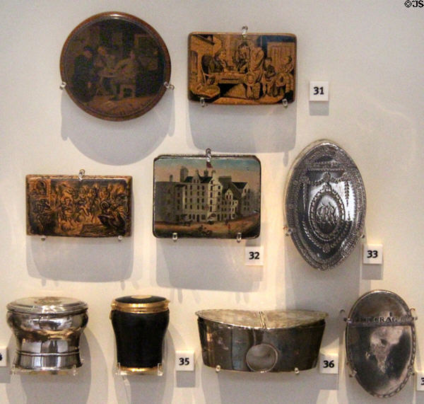 Collection of wood & silver snuff boxes (18thC) at National Museum of Scotland. Edinburgh, Scotland.
