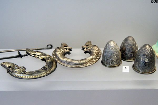 Silver decorations from St Ninian's Isle Treasure (c800-50) found in Shetland church prob. hidden from Vikings at National Museum of Scotland. Edinburgh, Scotland.