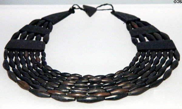 Whitby jet necklace (2300-1800 BCE) imported into Scotland & found at Balcalk at National Museum of Scotland. Edinburgh, Scotland.