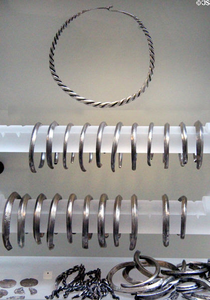 Silver ring money bracelets (c950) used by Vikings in Orkney Islands at National Museum of Scotland. Edinburgh, Scotland.