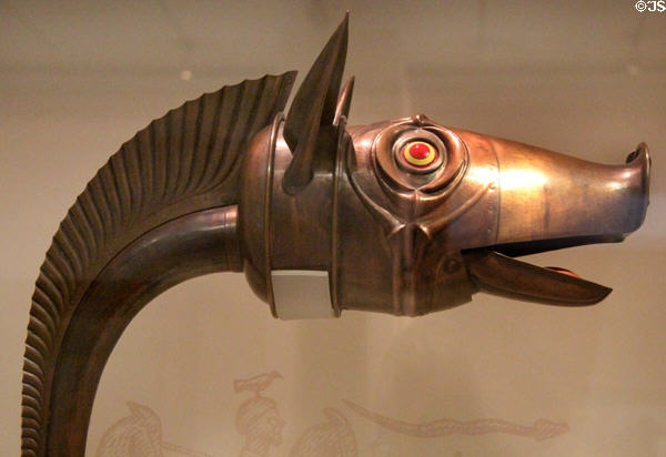 Reconstructed bronze Carnyx head modeled after original (100-200) from Deskford at National Museum of Scotland. Edinburgh, Scotland.