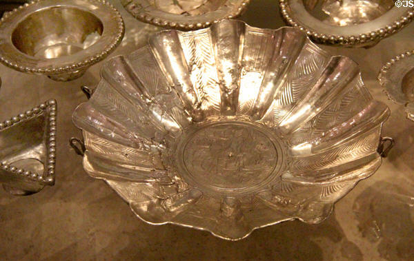Silver bowls of Traprain treasure hoard (early 5thC) Roman bribe to keep Scots from attacking England at National Museum of Scotland. Edinburgh, Scotland.