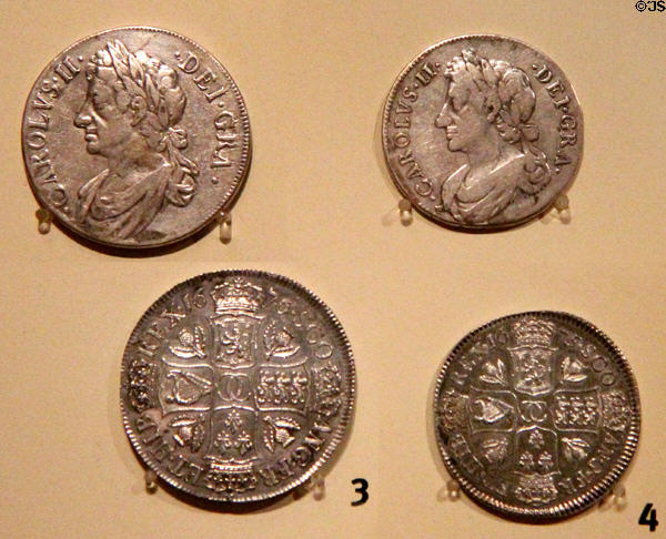 King Charles II coins at National Museum of Scotland. Edinburgh, Scotland.