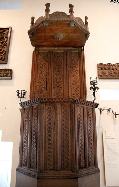 Carved oak pulpit (1598) from Parton Kirk of Kirkcudbright at National Museum of Scotland. Edinburgh, Scotland.