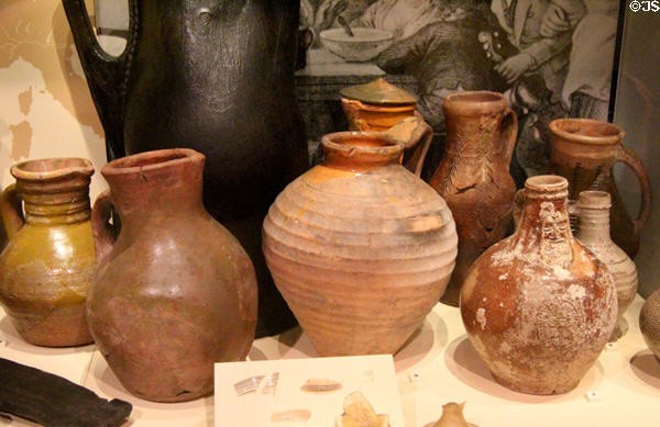 Ceramic jugs from Spain & Germany (16th & 17thC) evidence of Scottish trade with Europe at National Museum of Scotland. Edinburgh, Scotland.