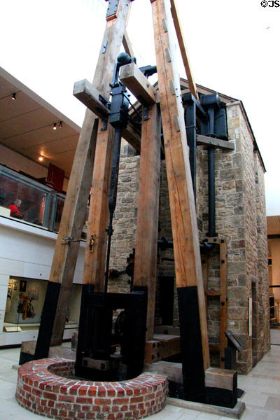 Newcomen atmospheric steam engine used to pump water from coal mine until 1901 at National Museum of Scotland. Edinburgh, Scotland.