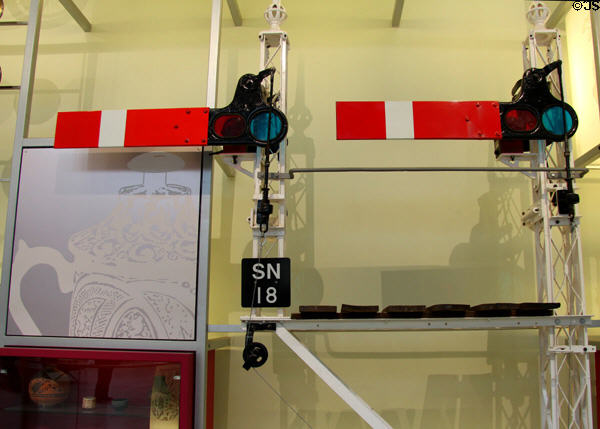 Railway signal gantry (c1900) for Caledonian Railway at National Museum of Scotland. Edinburgh, Scotland.