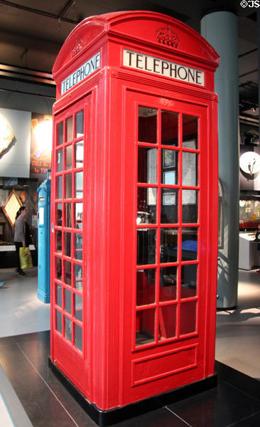British red telephone box at National Museum of Scotland. Edinburgh, Scotland.