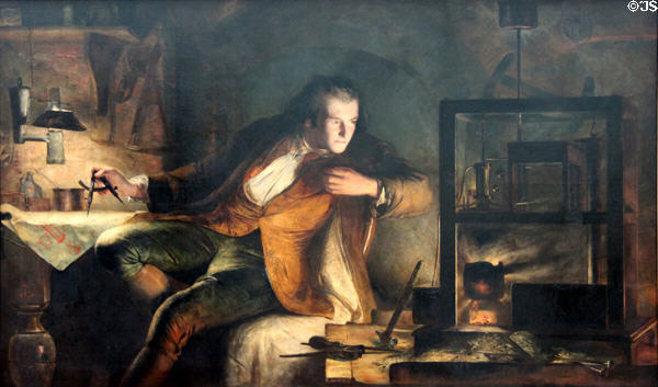 James Watt & Steam Engine painting (1855) by James Eckford Lauder at National Portrait Gallery of Scotland. Edinburgh, Scotland.