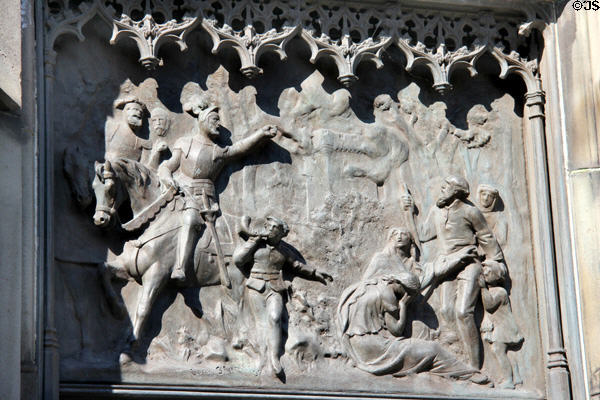 Knight on horse relief panel (1887) by William Birnie Rhind on Duke of Buccleuch statue. Edinburgh, Scotland.