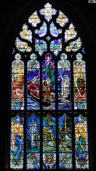 Great window in north transept shows Christ stilling the tempest & walking on the sea stained glass window by Douglas Strachan of Edinburgh at St Giles Cathedral. Edinburgh, Scotland.