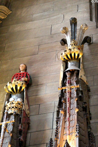 Crests of members of Order of Thistle in Thistle Chapel at St Giles Cathedral. Edinburgh, Scotland.