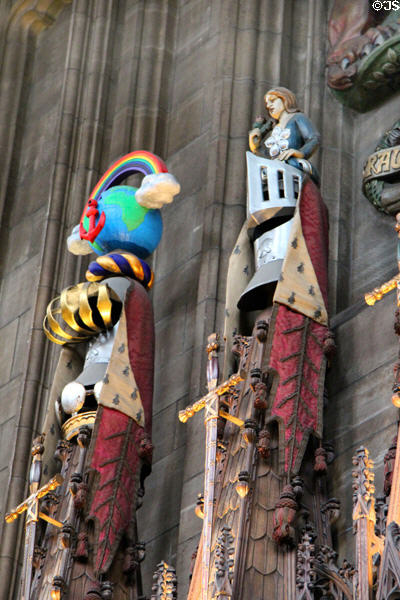 Crests of members of Order of Thistle in Thistle Chapel at St Giles Cathedral. Edinburgh, Scotland.