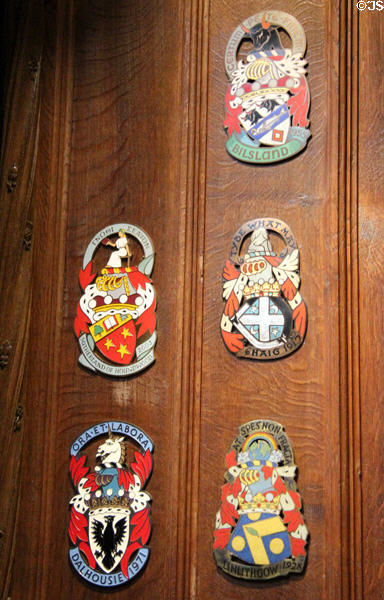 Arms of members of Order of Thistle in Thistle Chapel at St Giles Cathedral. Edinburgh, Scotland.