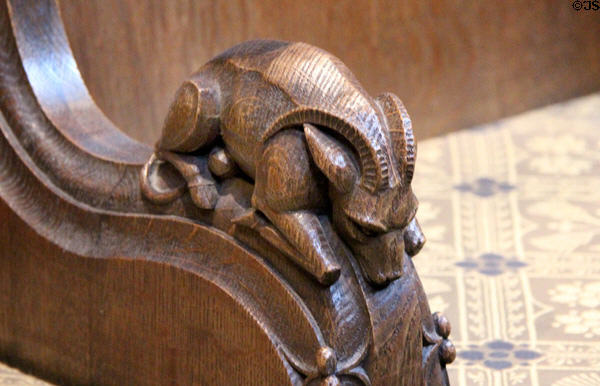 Carved scimitar oryx in Thistle Chapel at St Giles Cathedral. Edinburgh, Scotland.