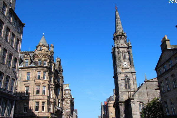 Scots Baronial corner tenement & Royal Mile Market (former Tron Kirk) on High St. Edinburgh, Scotland.