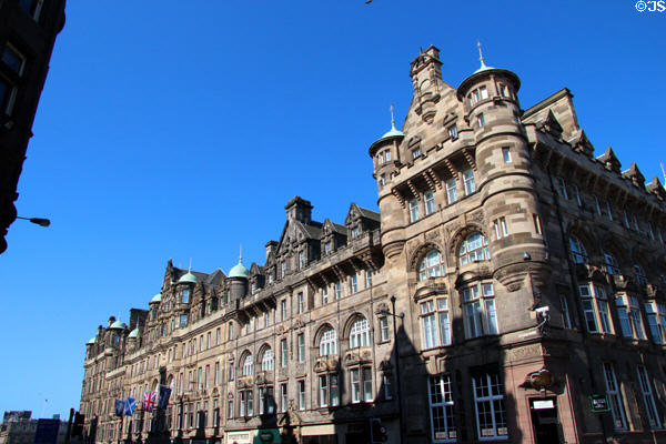 Scots Renaissance architecture of Scotsman block (1899-1902) on Royal Mile at North Bridge. Edinburgh, Scotland. Architect: James Dunn & James Finlay.