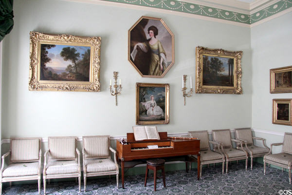 Square piano (c1805) by Richard Horsburgh of Edinburgh in drawing room arranged for dancing with chairs against walls at Georgian House museum. Edinburgh, Scotland.