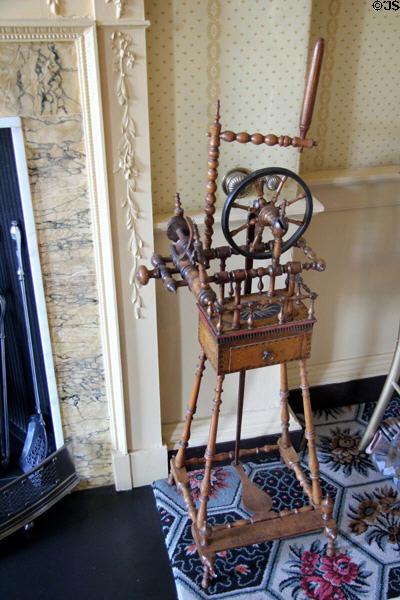 Flax spinning wheel (beech boudoir wheel) (mid 18thC) by I. Jameson of York in bedchamber at Georgian House museum. Edinburgh, Scotland.