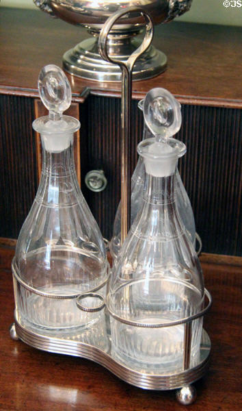 Silver cruet set & stand in dining room at Georgian House museum. Edinburgh, Scotland.