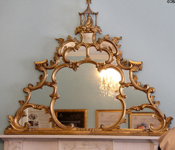 Georgian Chinese-style mirror on fireplace mantle at Georgian House museum. Edinburgh, Scotland.