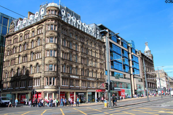 Old Waverley Hotel (1883) (42 Princes St.) with modern & former Forsyth's department store beyond. Edinburgh, Scotland. Architect: John Armstrong.