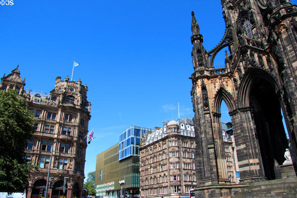 Jenners Department Store & Old Waverley Hotel beyond Scott Monument. Edinburgh, Scotland.