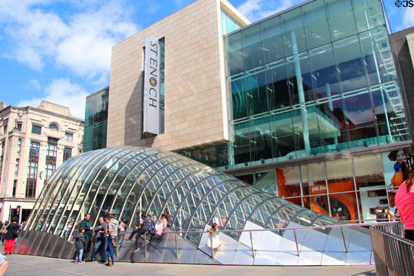 St Enoch shopping center with glass covered subway entrance on Buchanan St. Mall. Glasgow, Scotland.