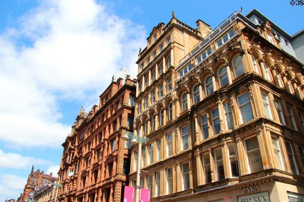 Argyll Arcade (1827) by John Baird I (reddish) plus 16 & 12 Buchanan St. (1889) by James Thomson. Glasgow, Scotland.
