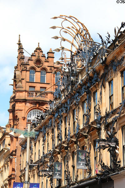 Princes Square with peacock & foliage ironwork sculpture (1987-90) by Alan Dawson & Shepley Engineering of Workington (34-58 Buchanan St. Mall). Glasgow, Scotland.