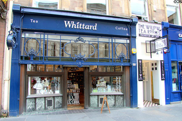 Art Nouveau decoration of Whittard tea & coffee shop (95 Buchanan Mall) beside stairs up to Willow Tea Rooms with Charles Rennie Mackintosh interior decoration. Glasgow, Scotland.